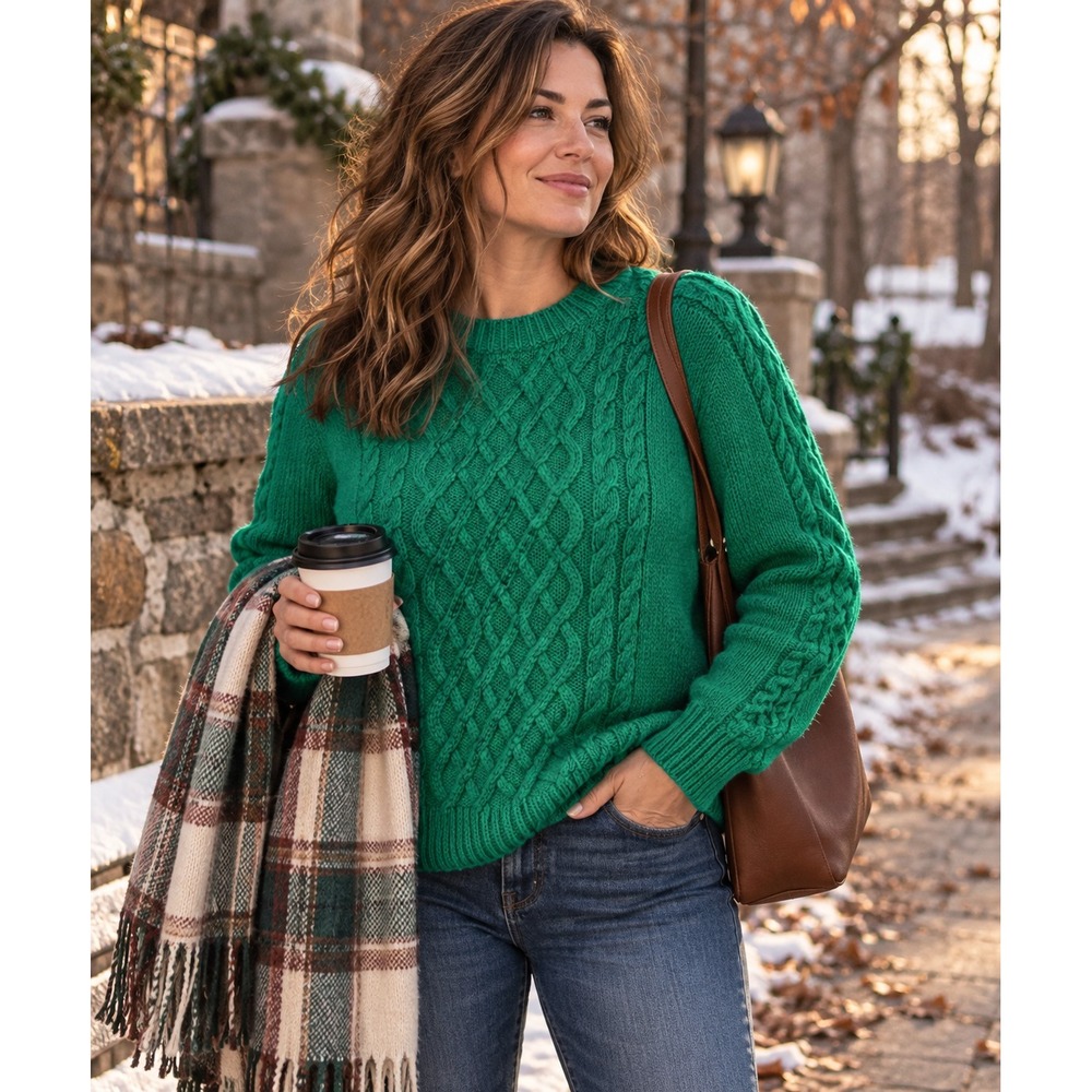 Old Navy XL Emerald Green Cable Knit Sweater Cotton Blend Fisherman Crewneck